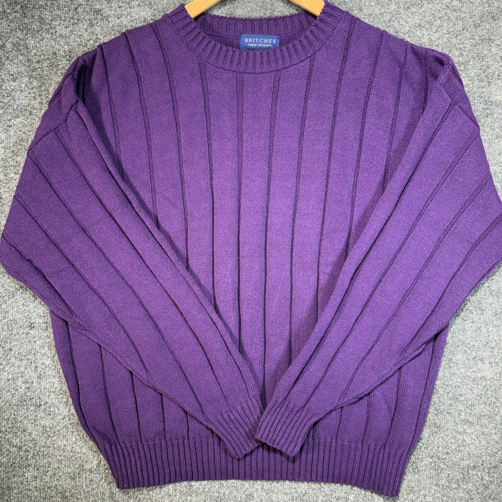 Britches Great Outdoors Ribbed Knit Sweater Men Large Purple Chunky VTG USA Made